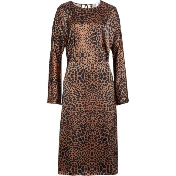 NWT Hugo Boss Dress Long Sleeve Midi Length Black & Brown Animal Print Size 8 - Picture 2 of 15